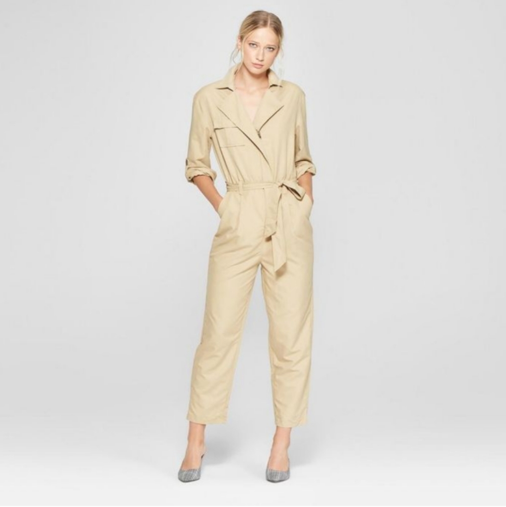 Beige Utility Tie-Waist Jumpsuit